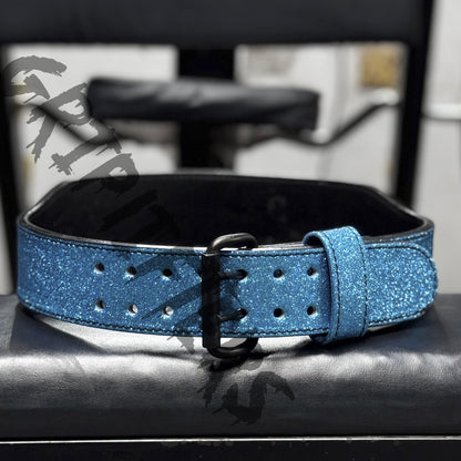 Blue sparkling weightlifting belt with glitter finish – gym powerlifting belt
