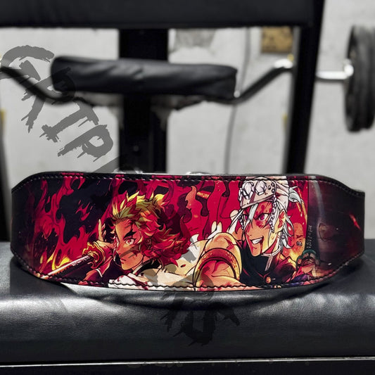 Demon Slayer anime weightlifting belt – Tengen Uzui and Rengoku artwork